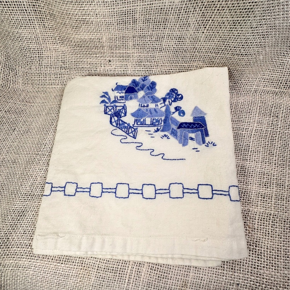 Vtg Bluework Embroidered Linen Tea Towel Dutch Cottage Scene Guest Towel 21x25